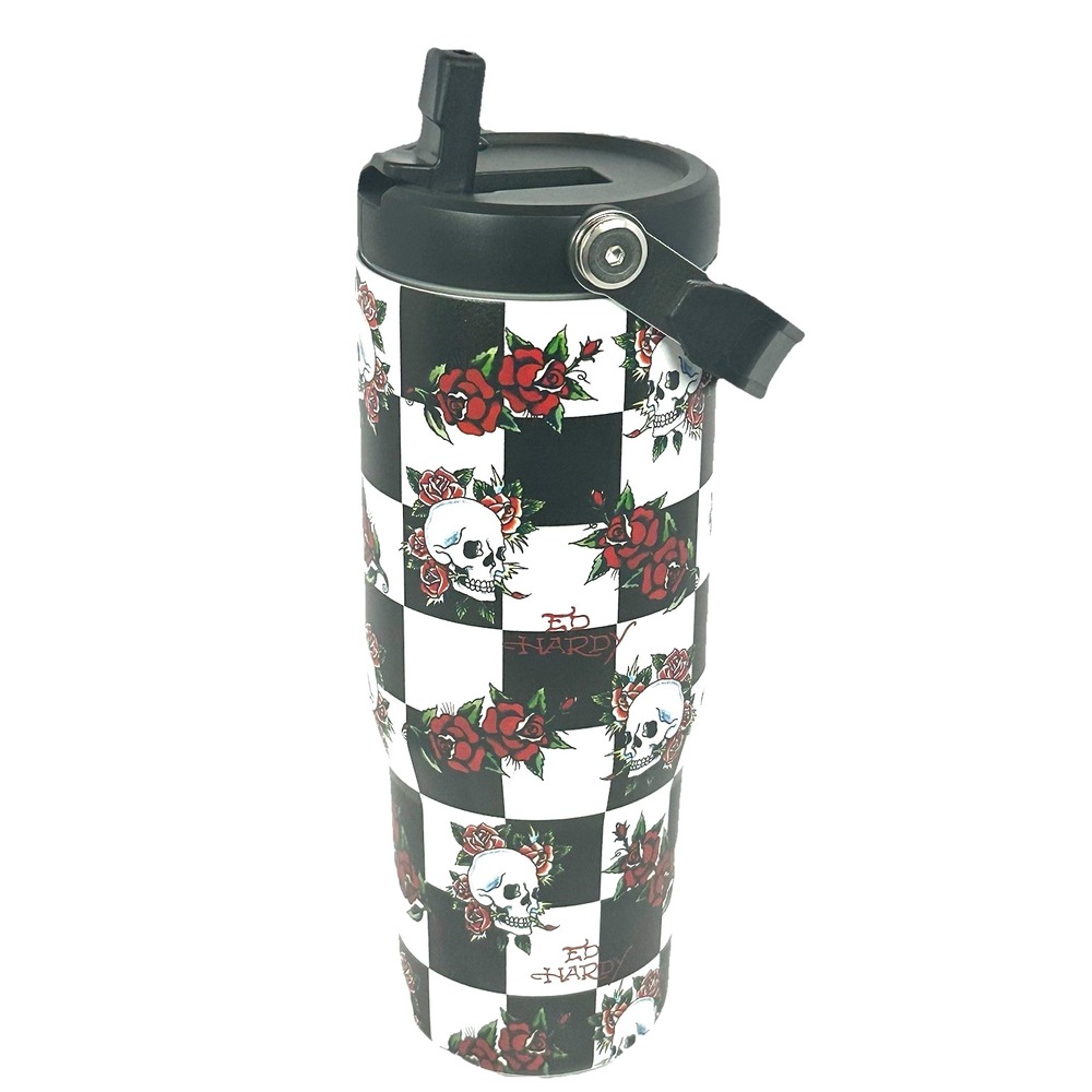 Ed Hardy Skull Rose Checkered Tumbler Travel Mug Straw Handle Straw BPA Free